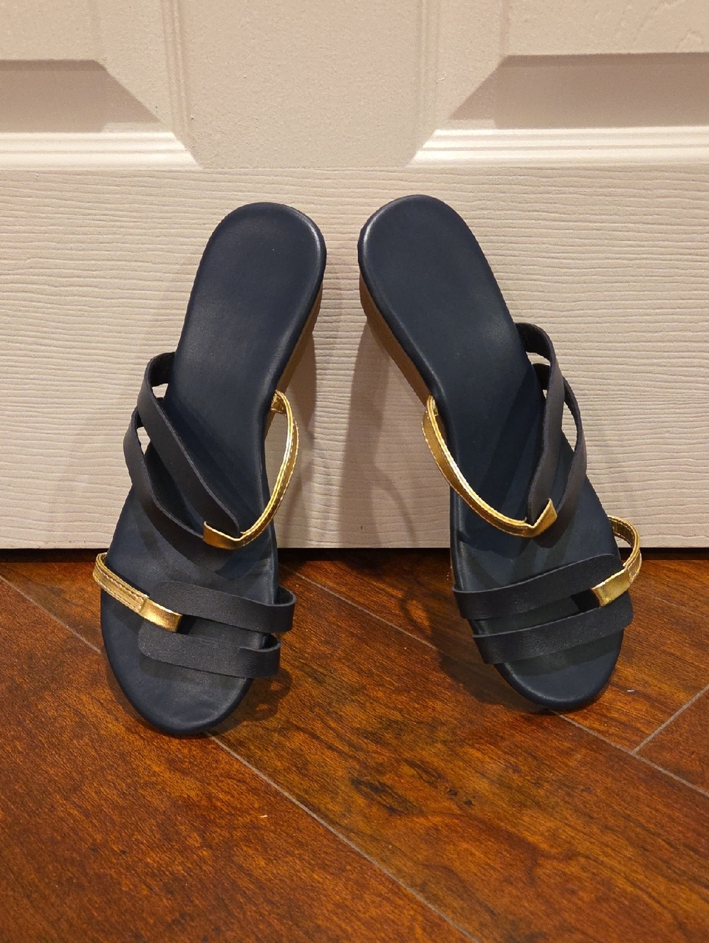 Women's Blue Heeled Slide Sandals with Gold Accents